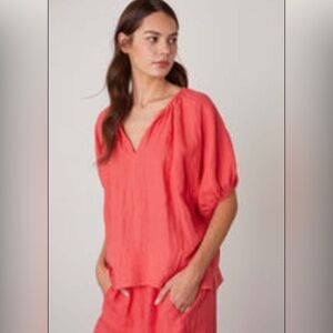 Velvet by Graham & Spencer JANINE Puff Sleeve Linen Flowy Blouse Size L